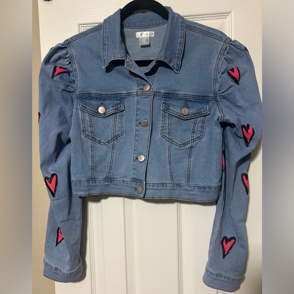 VENUS Blue and Pink Cropped Jean Jacket with Heart Embellishments